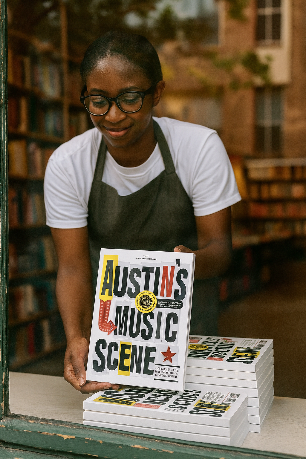 Person holding a book titled 'Austin's Music Scene' in a bookstore setting